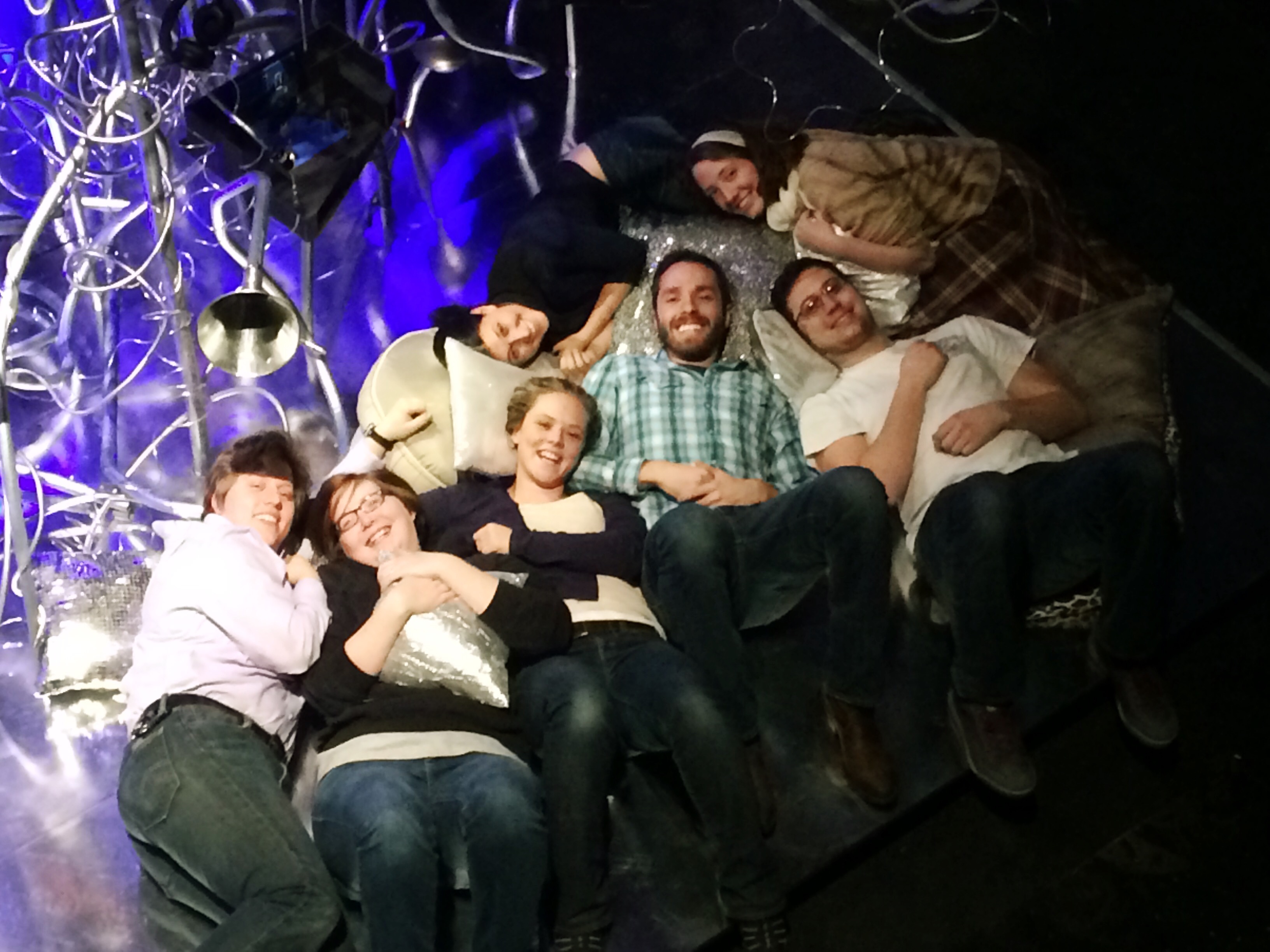 The team celebrating a successful build and presentation of the exhibit to the Indiana University community in January. From right to left: Sandy Everett, Carrie Barton, Kristen Martino, Katie Gruenhagen, Bradley Shaw, Kelsey Nichols, Aaron Bowersox.